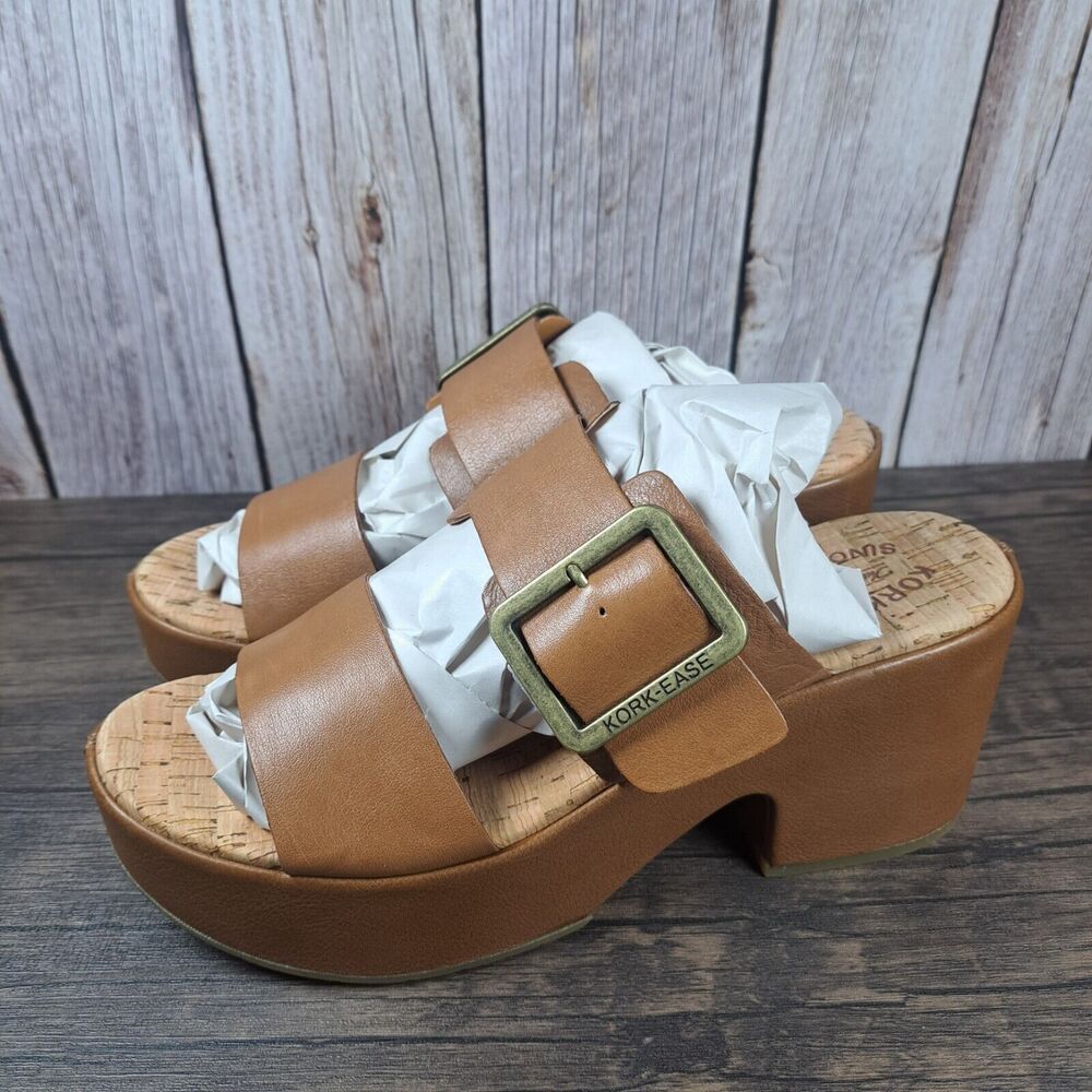 Kork-Ease Taige Leather Big Buckle Heeled Sandals Women's Sz 9 M Brown (VGC)